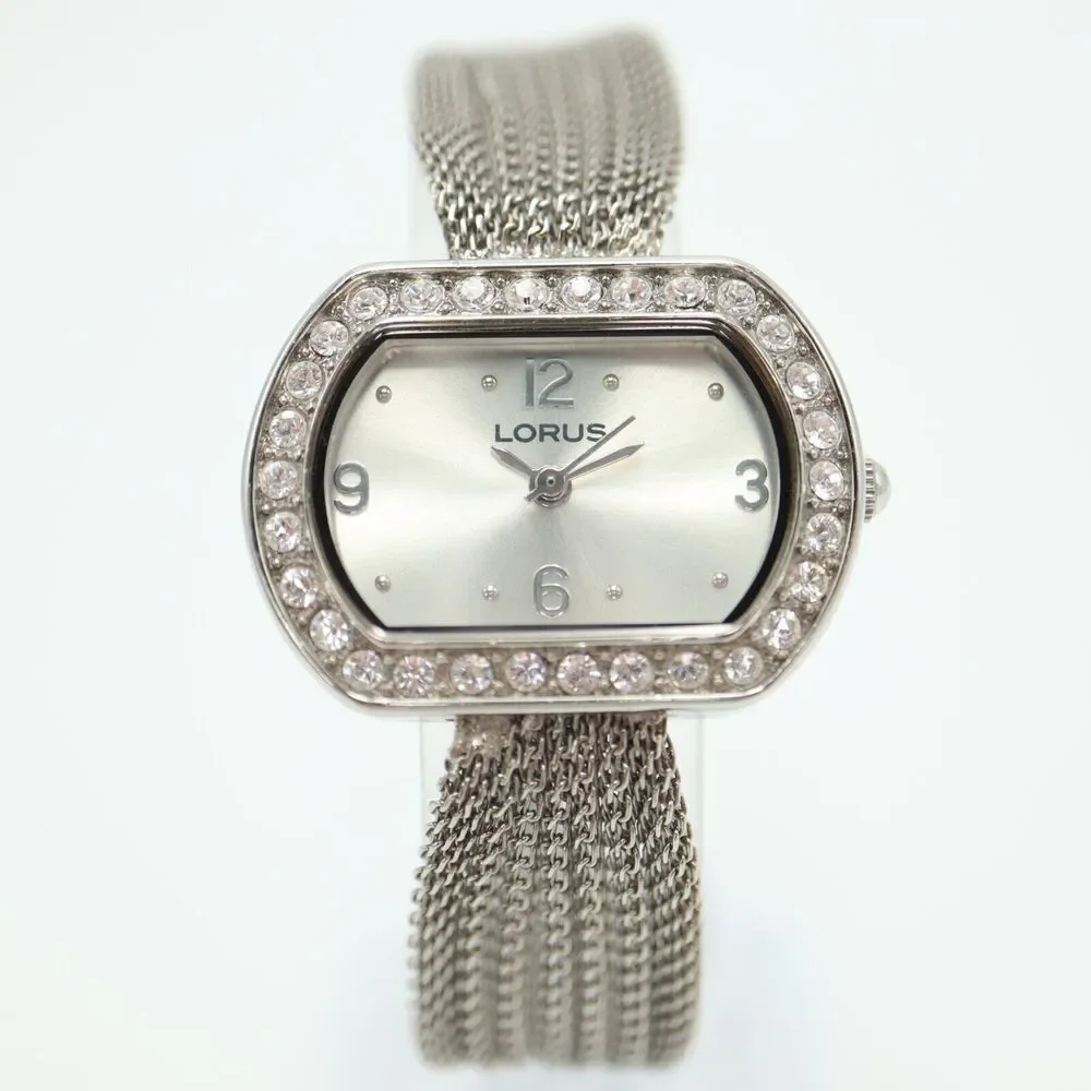 Lorus Women Silver Tone Watch 31mm Gem Set Oval Dial Bracelet LR3021 New Battery